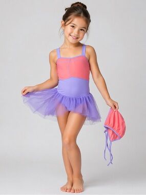 Girls 3-Piece Swimsuit Set Purple & Coral Tulle Skirt + Swim Cap NWT